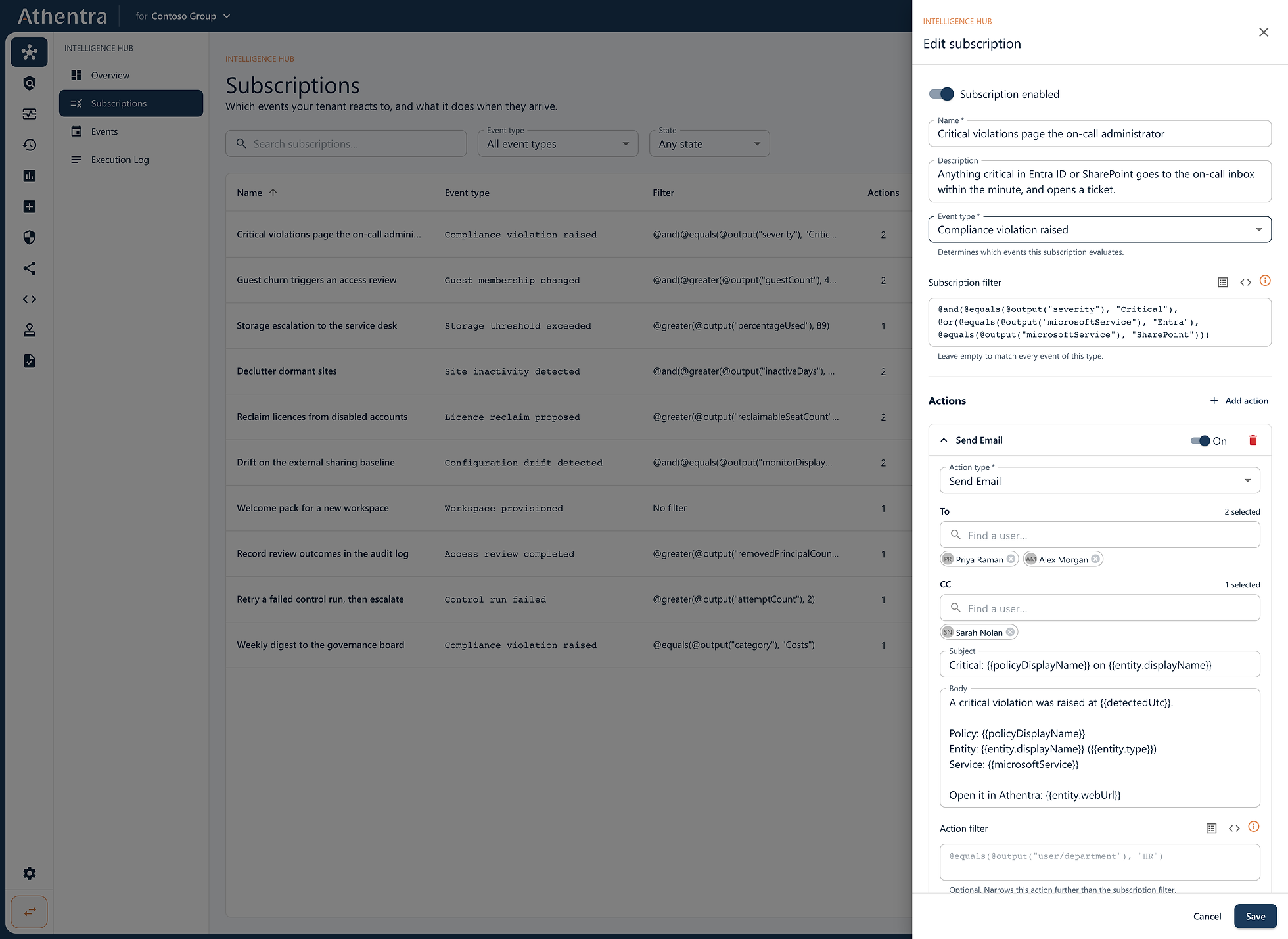 Ereignis auswählen, mit einem Filter eingrenzen, Aktionen ergänzen. Ohne Code — und der Filter wird schon beim Tippen gegen das Schema des Ereignisses geprüft.